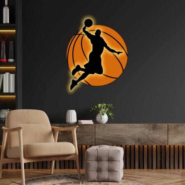 Contemporary bedroom with basketball-inspired acrylic wall art