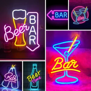 Create the perfect ambiance with Custom Neon Bar Signs, featuring vibrant neon images like a Beer Bar mug, Bar martini glass, and Beer Time bottles in bright colors on dark backgrounds, perfectly complementing custom LED beer signs.