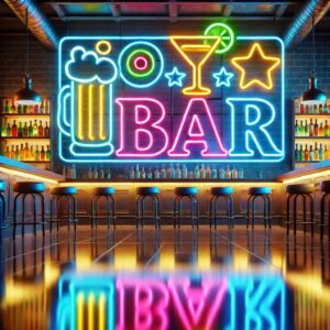 Personalized Neon Bar Signs , Personalized neon bar signs with colorful designs, including a beer mug and cocktail glass, lighting up a stylish bar interior.