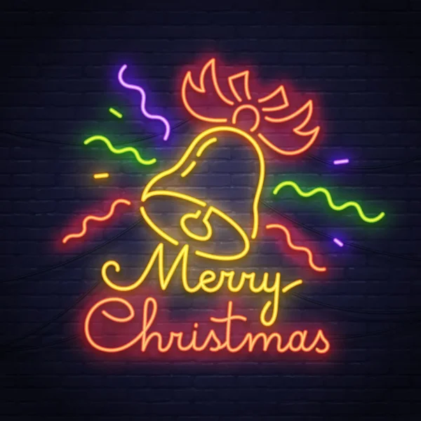 Festive neon sign featuring a glowing Christmas bell with a ribbon and "Merry Christmas" text in vibrant yellow, red, and green colors.