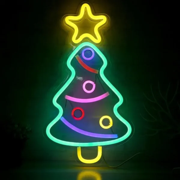 Colorful Christmas tree neon sign featuring vibrant green, yellow, and multicolor lights, perfect for festive holiday decorations.