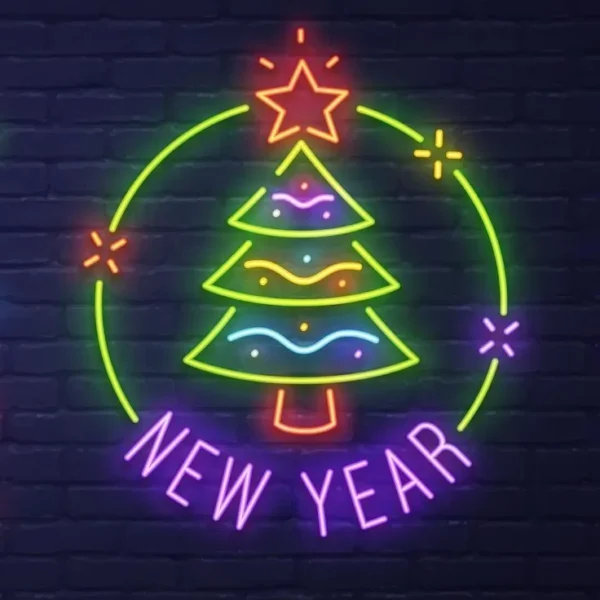 Vibrant New Year neon sign featuring a glowing Christmas tree design with colorful lights and decorative details.