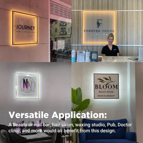 A collage showcasing versatile backlit acrylic signs with sleek and modern designs for businesses like beauty salons, nail bars, hair studios, and more.