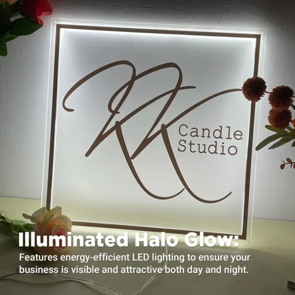 Illuminated acrylic sign featuring the "RK Candle Studio" logo with an elegant design and a soft halo glow, perfect for creating a warm and inviting atmosphere.