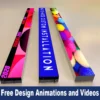 Three Full Color LED Digital Display Signs show vibrant graphics and scroll Custom Full Color LED Screen Installation. These displays rest on a smooth surface with Free Design Animations and Videos elegantly scripted at the bottom.
