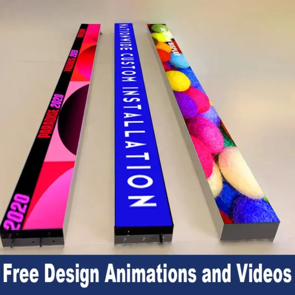 Three Full Color LED Digital Display Signs show vibrant graphics and scroll Custom Full Color LED Screen Installation. These displays rest on a smooth surface with Free Design Animations and Videos elegantly scripted at the bottom.