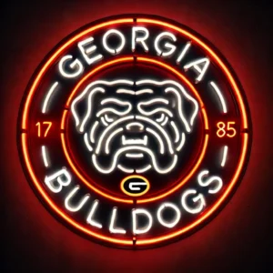 An LED sign showcases a fierce bulldog face, encircled by a design featuring the text Georgia Bulldogs and 1785 in vibrant red and white lights.