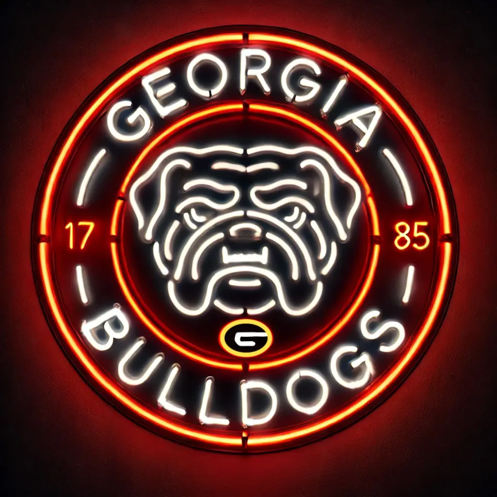 An LED sign showcases a fierce bulldog face, encircled by a design featuring the text Georgia Bulldogs and 1785 in vibrant red and white lights.