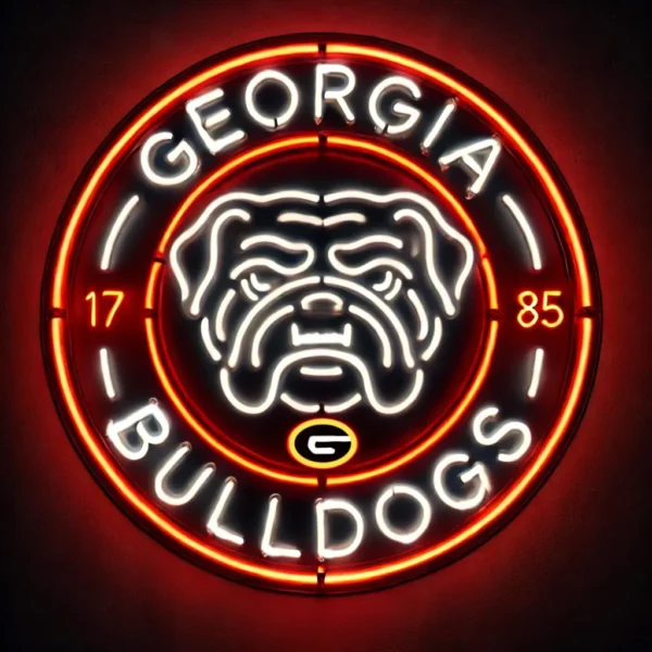 Georgia Bulldogs football neon sign glowing in a game room.