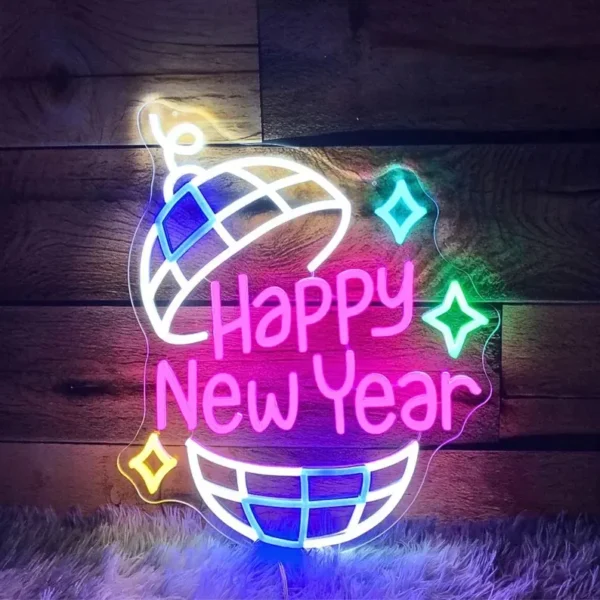 Bright and colorful neon sign with "Happy New Year" text, featuring a festive disco ball design and glowing star accents, perfect for celebrations.