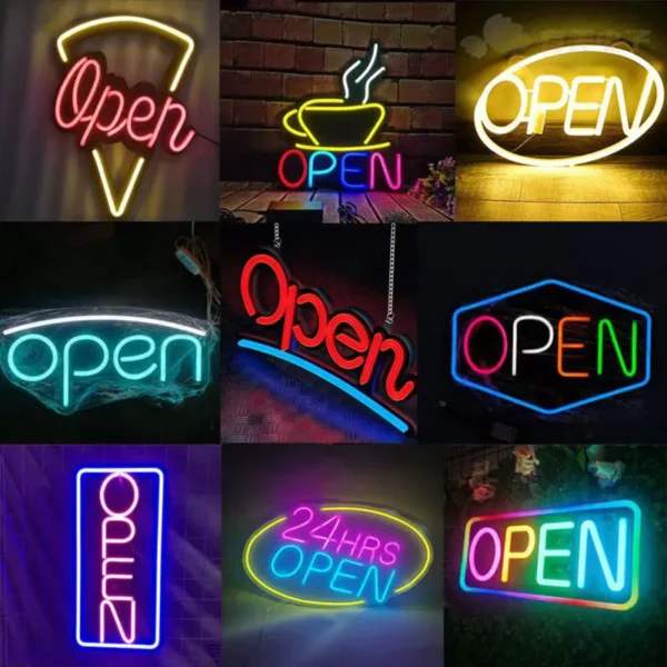 A collection of vibrant neon "OPEN" signs featuring various creative designs, including pizza shapes, coffee cups, and bold text styles, ideal for enhancing visibility and attracting customers.