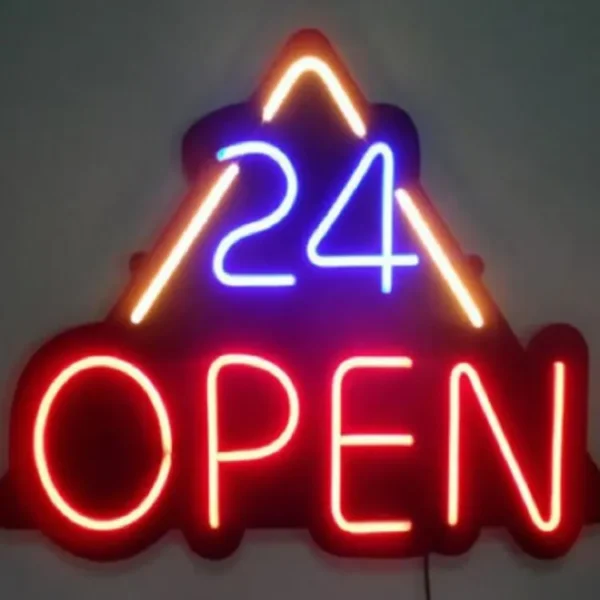 A Neon Open Sign featuring OPEN 24 in striking red, blue, and yellow shines brightly with an elegant triangular design.