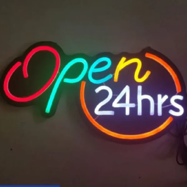 24-hour neon open sign with vibrant colors against a dark backdrop.