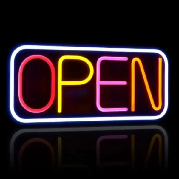 Vivid neon "OPEN" sign with a bold rectangular border glowing brightly in a dark setting, emphasizing visibility and modern design.