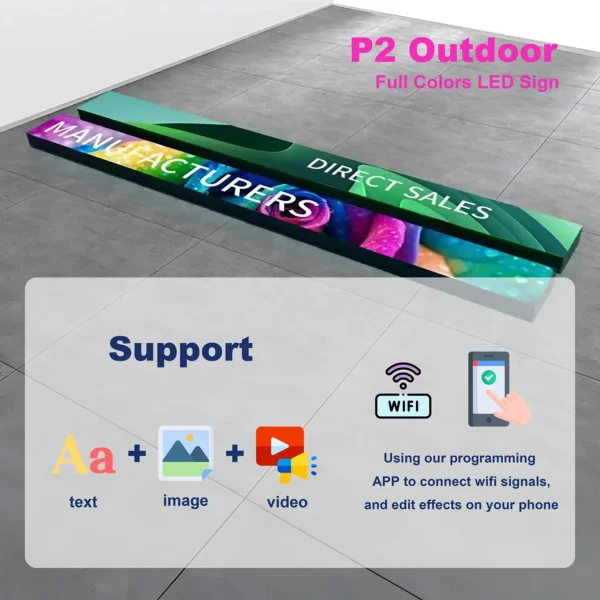 P2 Outdoor Full Color LED Sign showcasing vibrant visuals with WiFi connectivity, text, image, and video support for enhanced customization.