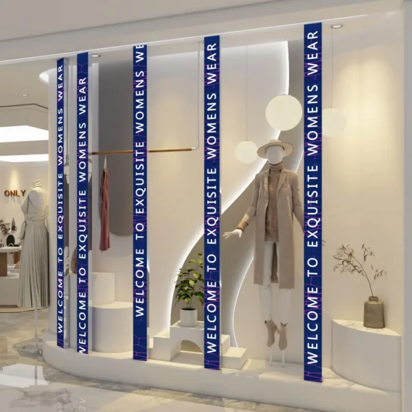 Vertical P2 HD Full Color LED Signs displaying "Welcome to Exquisite Women’s Wear" in a modern retail fashion store setup