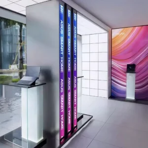 P2 HD Full Color Vertical LED Signs displaying "Asus Smart Home" in a modern tech showroom