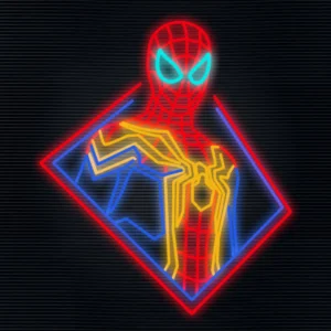 Avengers Superhero, Spider-Man neon sign glowing in a trendy living room.