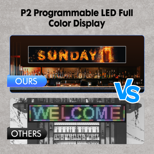 Two electronic displays compared: Top with SUNDAY in fiery letters over a bar labeled OURS; Bottom with WELCOME in colorful letters at a store entrance labeled OTHERS. Text reads: Full Color LED Digital Display Sign, WiFi & USB Programmable, Scrolling Text, Image & Video Support.