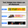 Three banners on the Full Color LED Digital Display Sign showcase a Text banner promoting Slick deal! 50% off every other oil change, a Picture banner of two people with 20% off on all items, and a Video banner featuring vibrant digital art with splashing liquid.