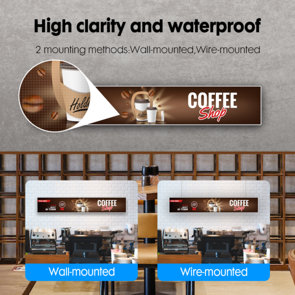 Explore our Full Color LED Digital Display Sign, offering high-resolution clarity and waterproof features. Ideal for illuminating indoor cafes, choose wall or wire mount options to complement your tables and welcoming coffee shop counter with dynamic text, images, and video displays.