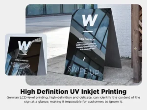 A digital display advertises New Church with SWIPE UP at the bottom over a blurred outdoor background. A smaller version appears on the left, with details on high-definition UV inkjet printing for the Custom Sandwich Board Metal A-Frame Sign below.