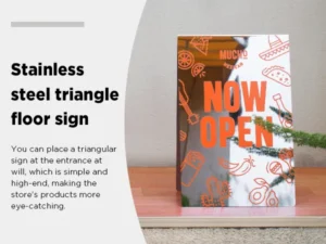 The Custom Sandwich Board Metal A-Frame Sign is a stainless steel triangular floor sign with NOW OPEN in bold orange letters, taco and sombrero graphics, and described as eye-catching for store entrances.