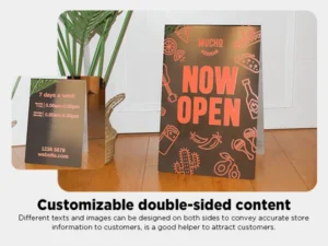 The Custom Sandwich Board Metal A-Frame Sign features a large upright design with bright, orange and brown Now Open branding and illustrations of tacos and avocados. A smaller section displays opening hours, contact details, a website, and offers customizable double-sided content.