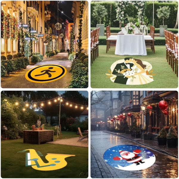 Experience a festive street with glowing string lights and a pedestrian symbol cast by the Custom Outdoor Logo Projection Made Easy - Gobo Projector. This enchanting setting resembles an outdoor wedding with illustrations of a bride, groom, and Santa enhancing the ambiance.