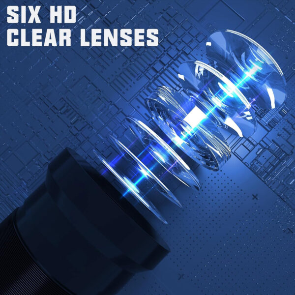 A digital illustration displays six HD clear lenses in a row with blue light streaming through, set against a textured, geometric background. SIX HD CLEAR LENSES is elegantly shown in the top left corner. The scene evokes the futuristic theme of the Custom Outdoor Logo Projection Made Easy - Gobo Projector.