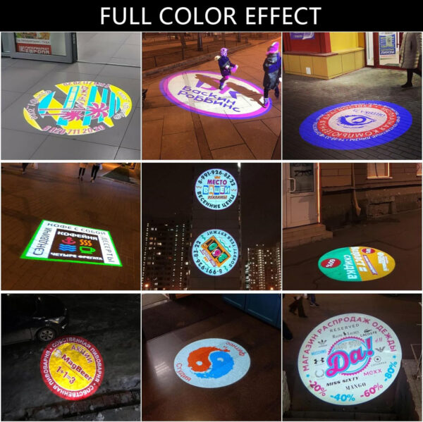 Grid of nine photos displaying vibrant, circular light projections on sidewalks using the Custom Outdoor Logo Projection Made Easy - Gobo Projector. Each image shows unique designs and text, often promoting businesses. Pedestrians and urban scenes are in some pictures. Top text: FULL COLOR EFFECT.