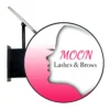 The Solar Signs Light Box, featuring pink gradient and silhouette of a womans profile with long lashes, displays MOON Lashes & Brows in pink and black. The round, weatherproof sign is mounted securely on a sleek black bracket for stylish outdoor display.